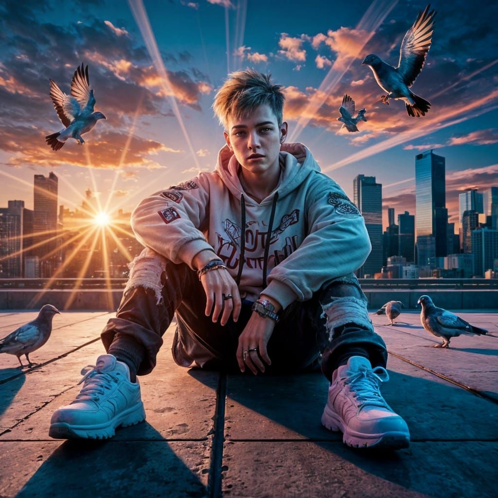 Neo-Punk Rooftop Sunrise in Vibrant Urban Cityscape