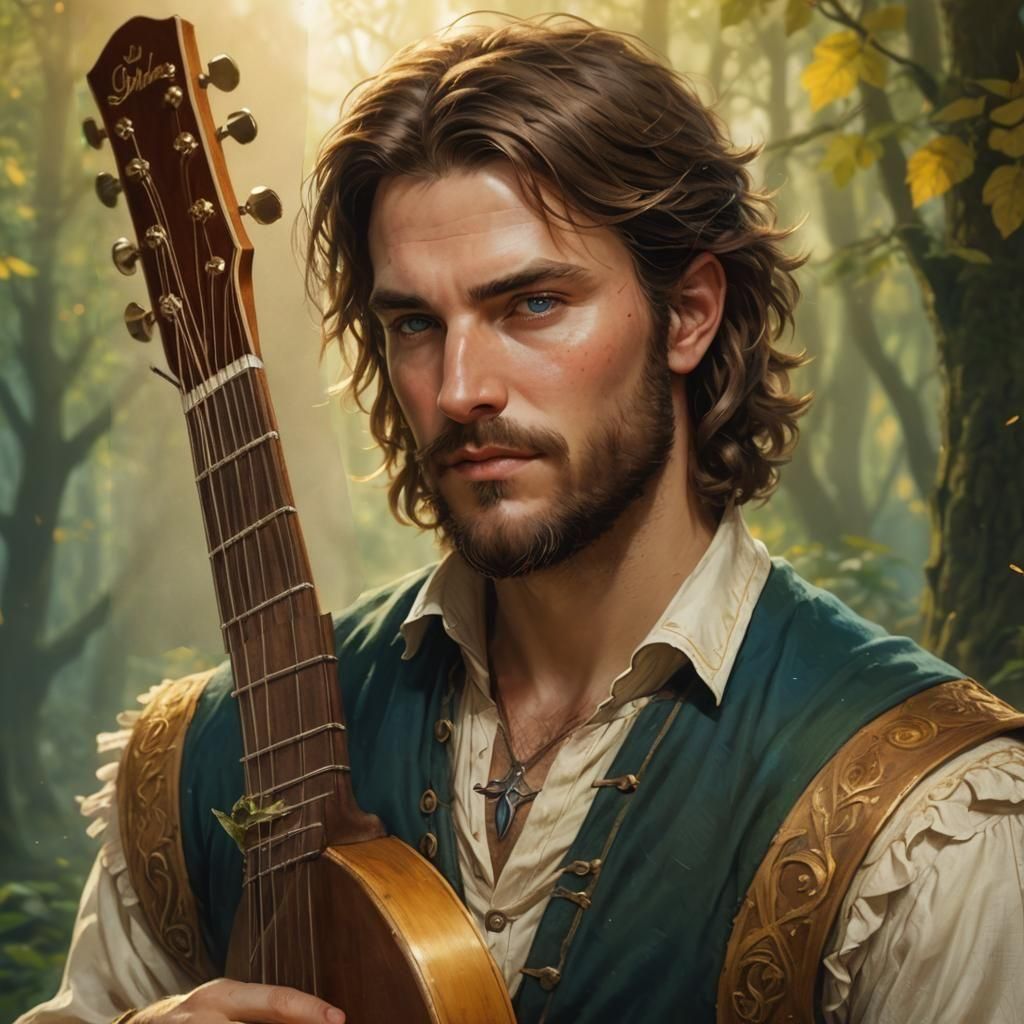 Detailed Portrait of a Human Bard with Lute