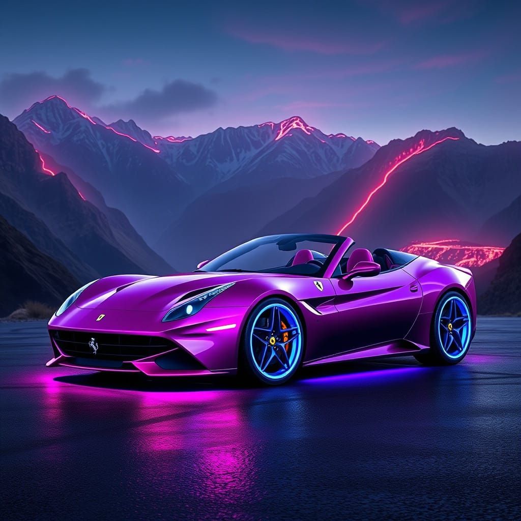 Futuristic Ferrari California in Neon-Lit Mountainscape