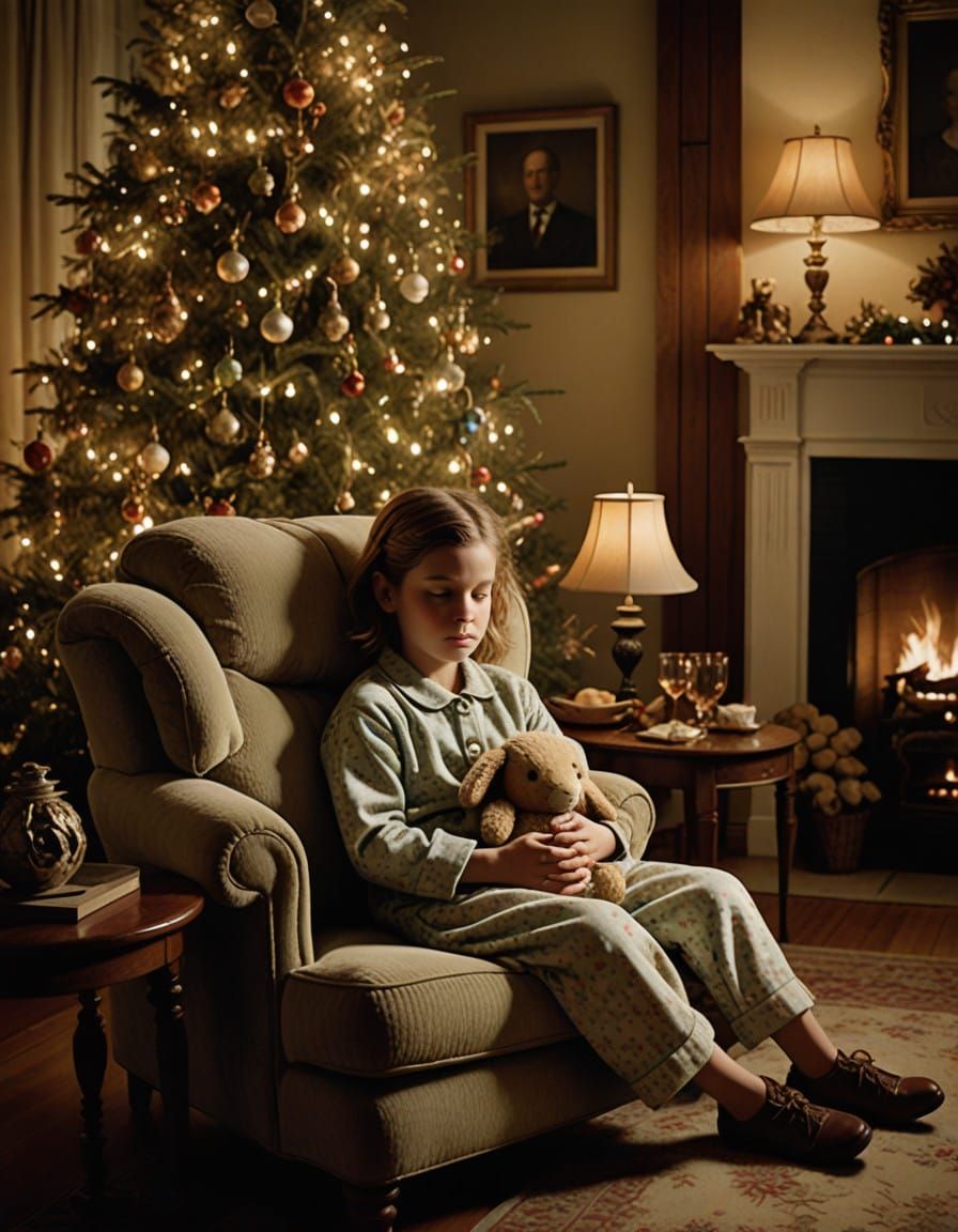 Sleepy Child Hugs Stuffed Rabbit in Festive Holiday Scene