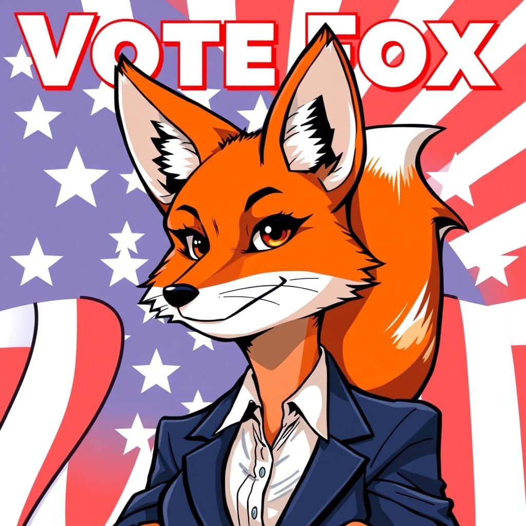 A furry presidential election poster featuring a female furry fox words overlaid read "Vote Fox"