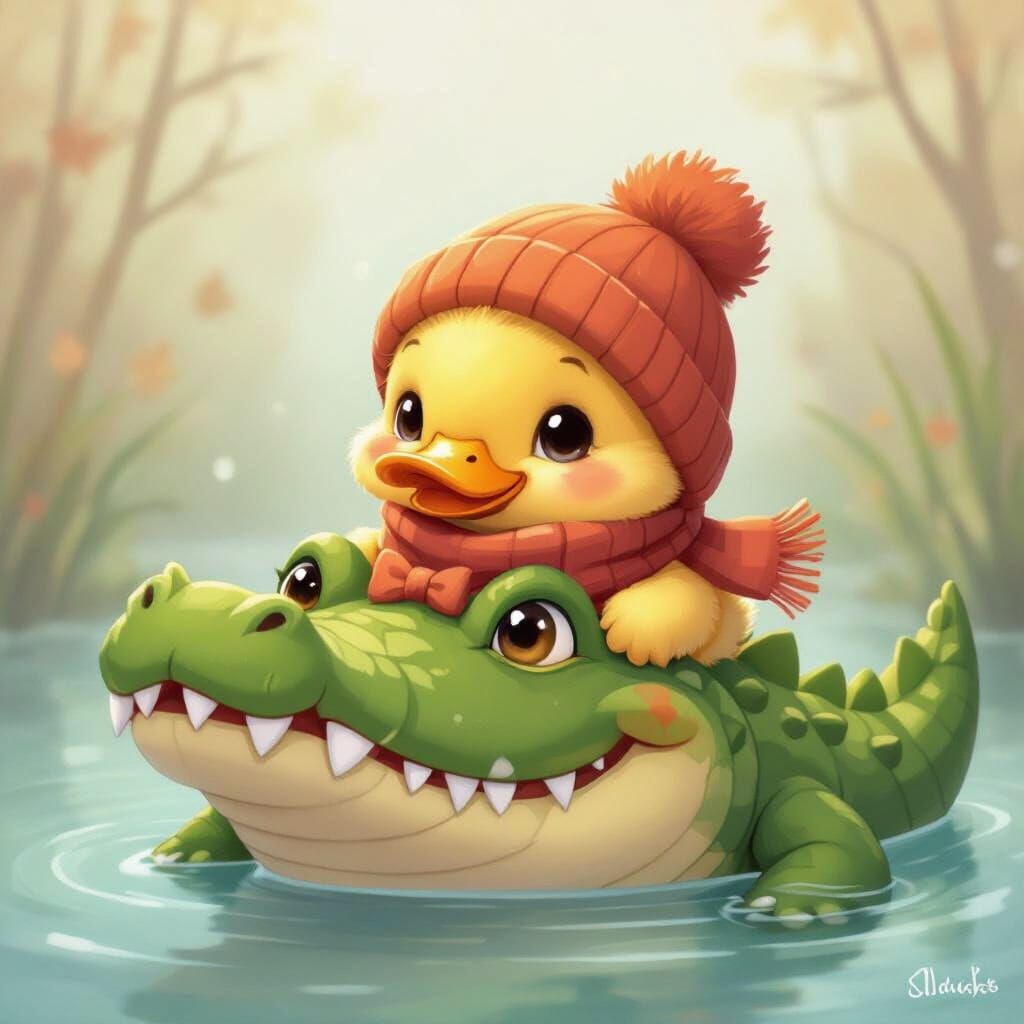 Duckling and Crocodile in Sanrio Style