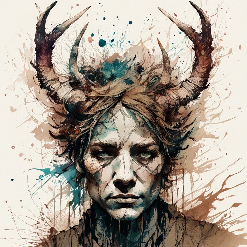 Surreal Portrait of The Horns of Carne Griffiths in Ink and ...
