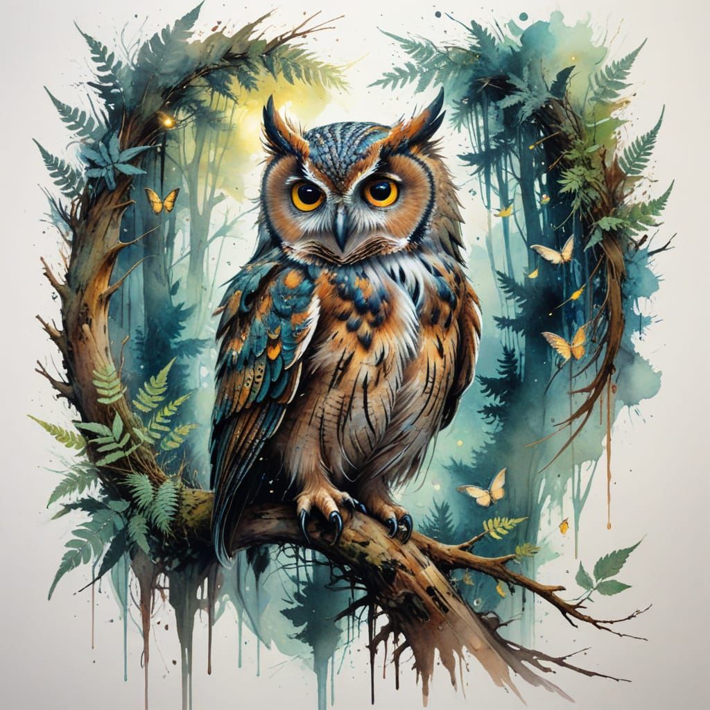 Moonlit Grove in Enchanted Forest, Whimsical Watercolour