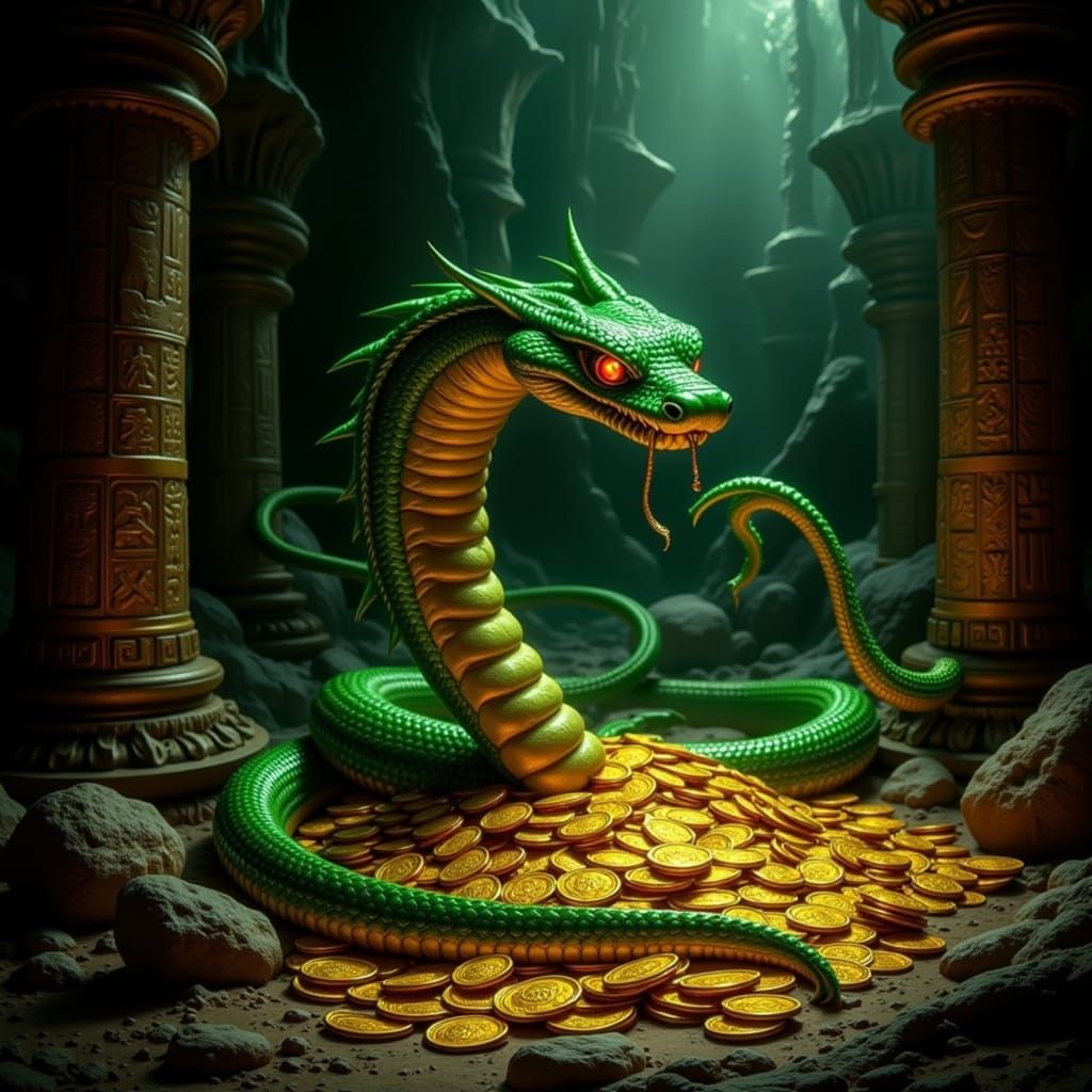 King Cobra on Gold in Dimly Lit Tomb