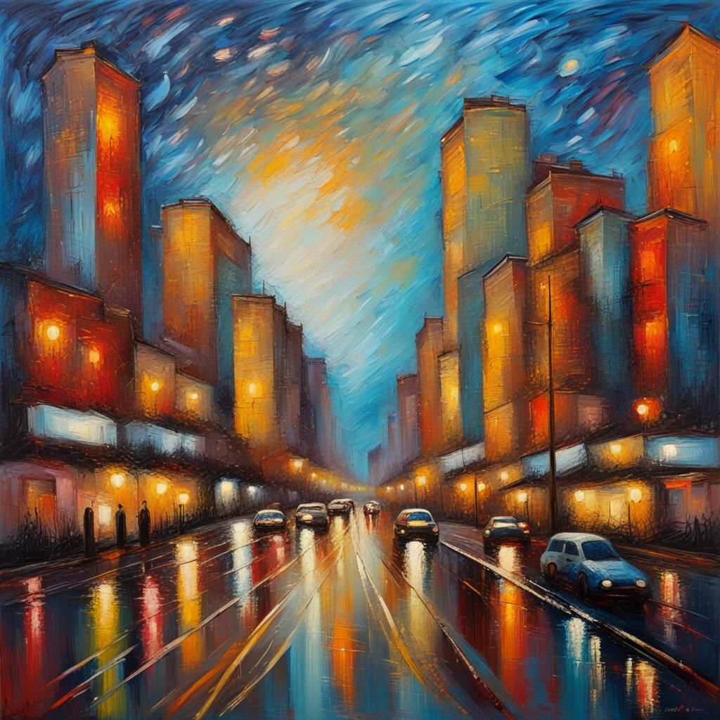 Starry Cityscape: Abstract Oil Painting in Impasto Style