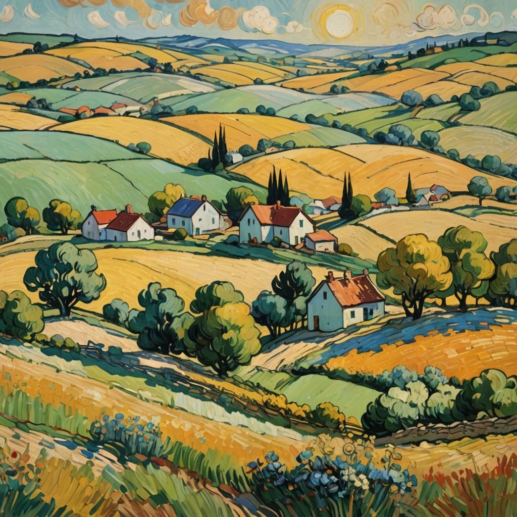 Impressionist Farm Landscape Painting in Vivid Colors