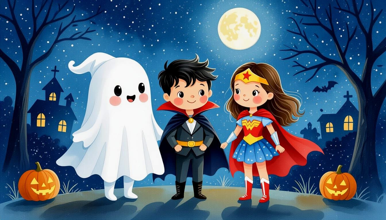 Children in Halloween Costumes Under Moonlight Watercolor