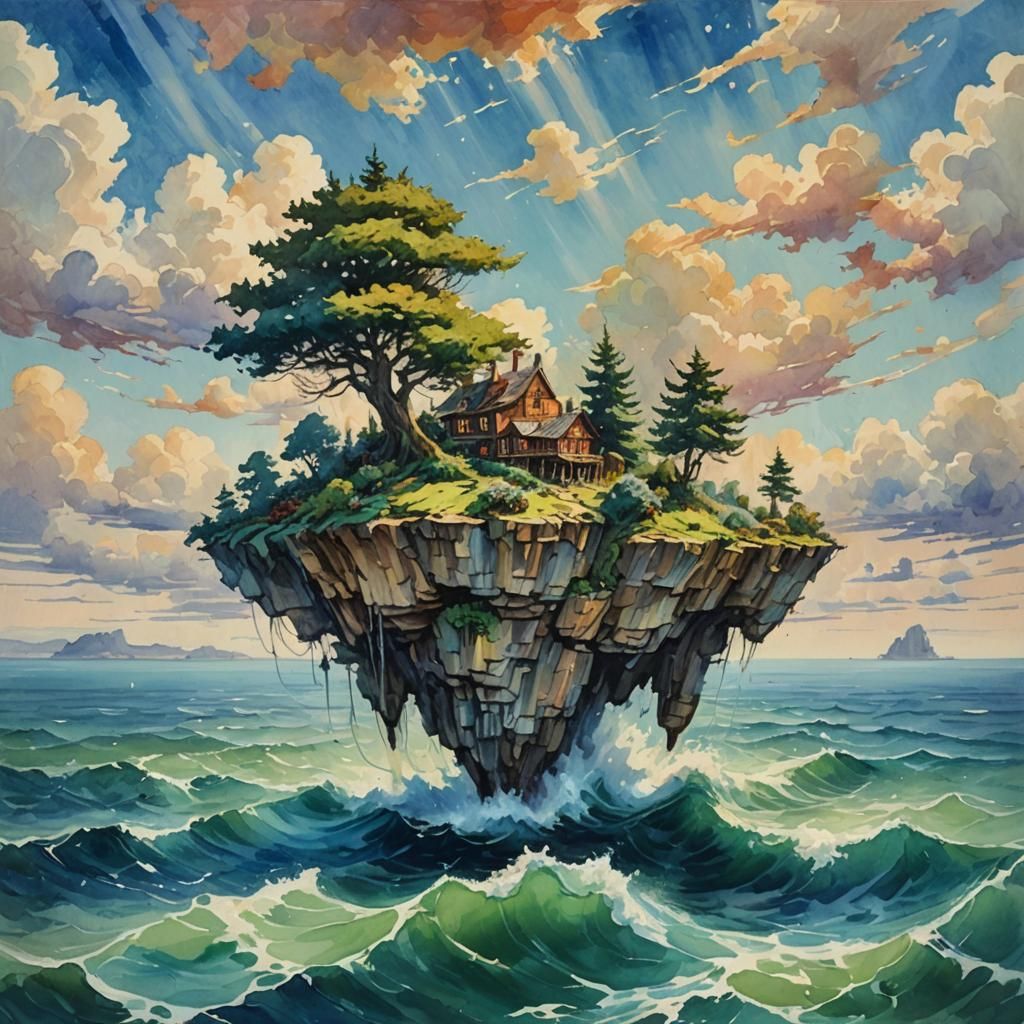 Sky Island Floating Above the Sea in Gouache Style
