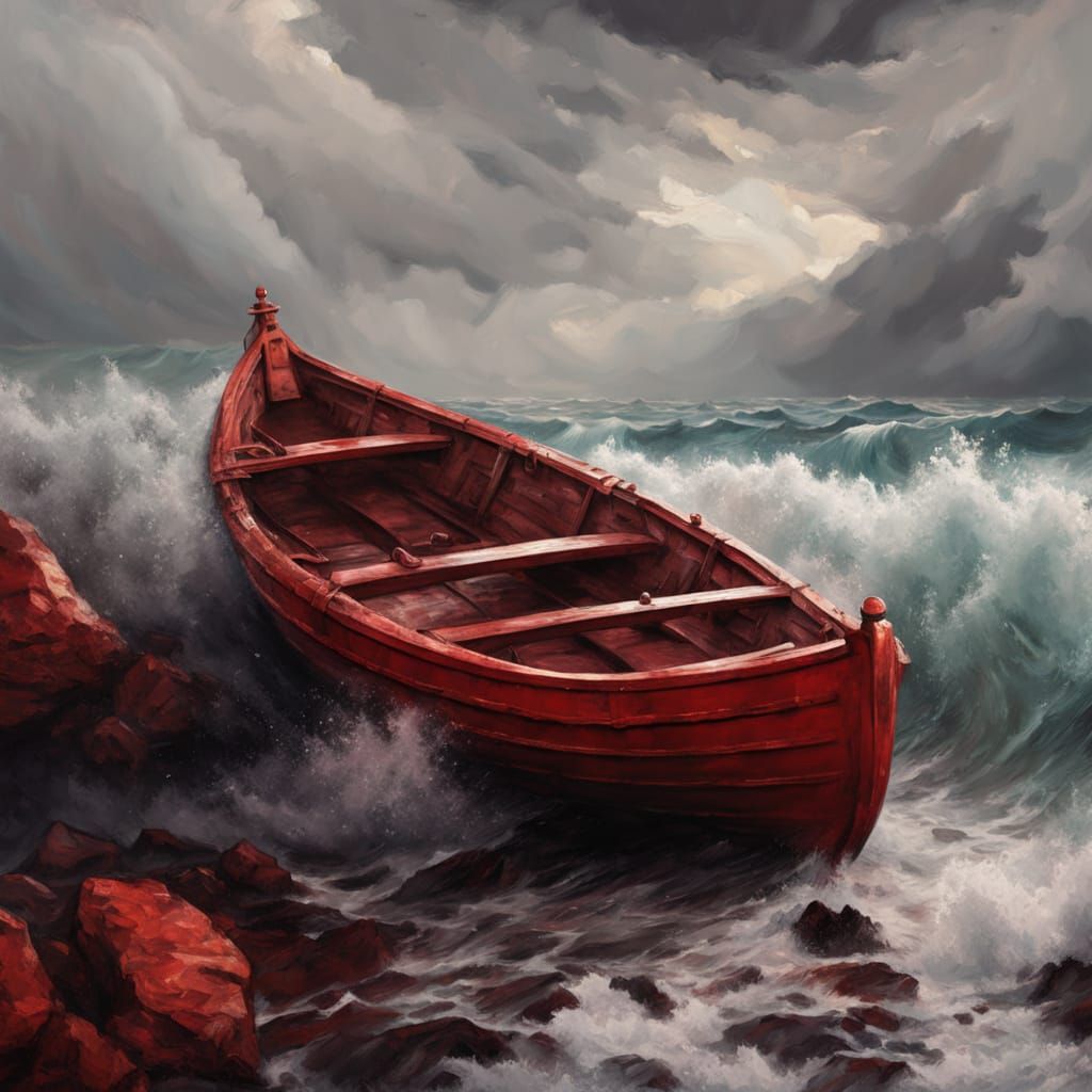 Expressionist Oil Painting of Red Boat on Turbulent Ocean