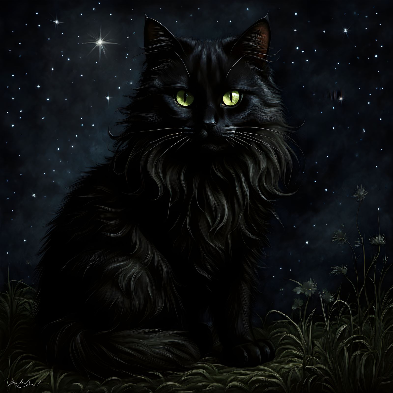 Beautiful fluffy kitty of the night, full body portrait, glimmer, shimmer, sparkle, everwhere, black black night, starry...