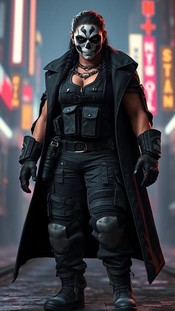 Cyberpunk Comanche Warrior in Dystopian Cityscape