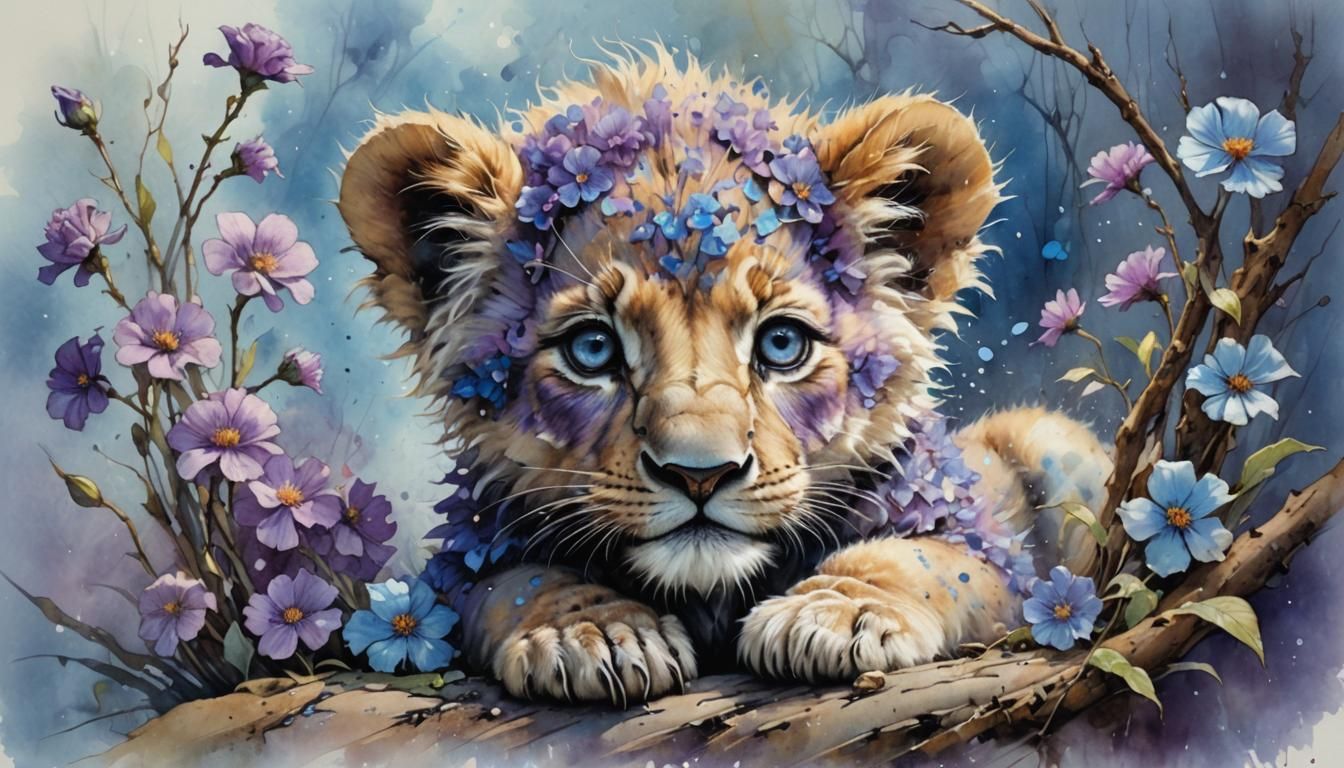 Blossom Baby Lion Cub in Watercolor Style
