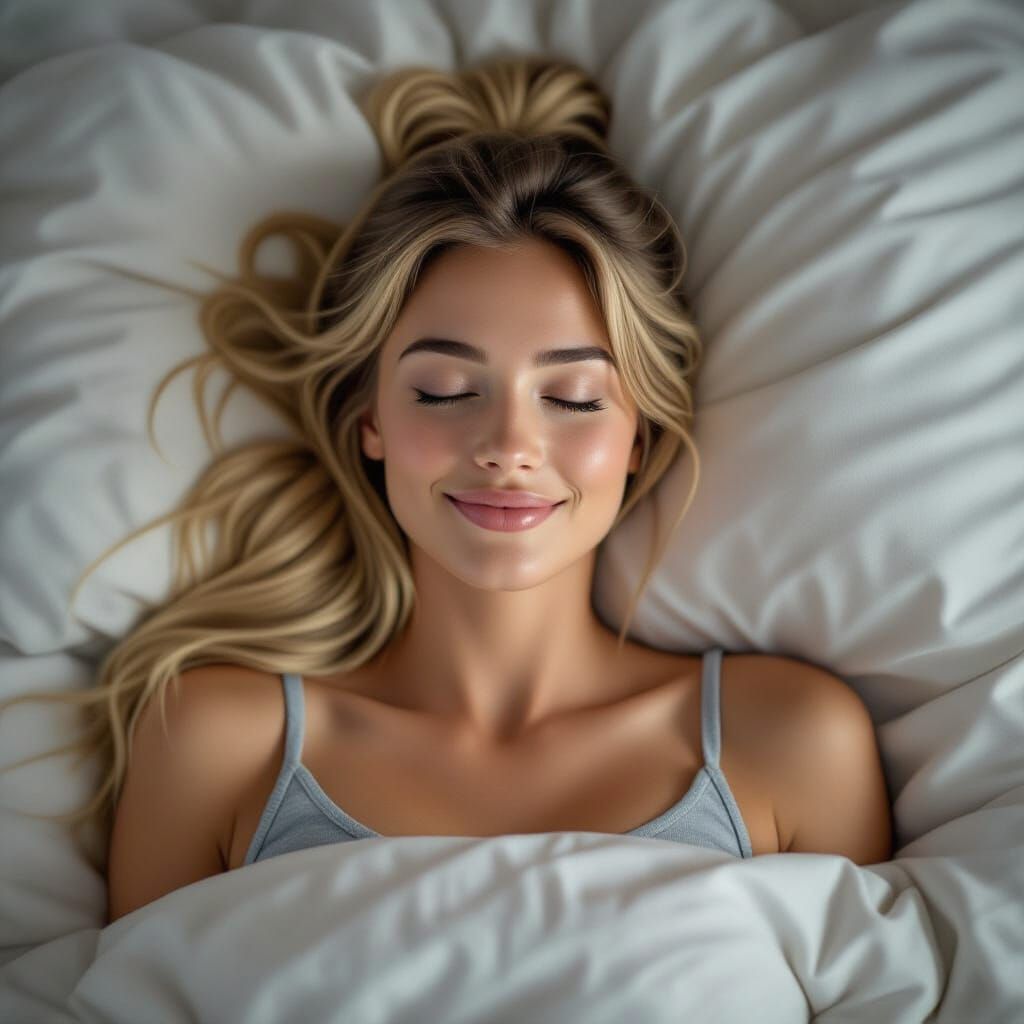 Young Woman Smiling in Sleep, Hyperrealistic Cinematic Shot