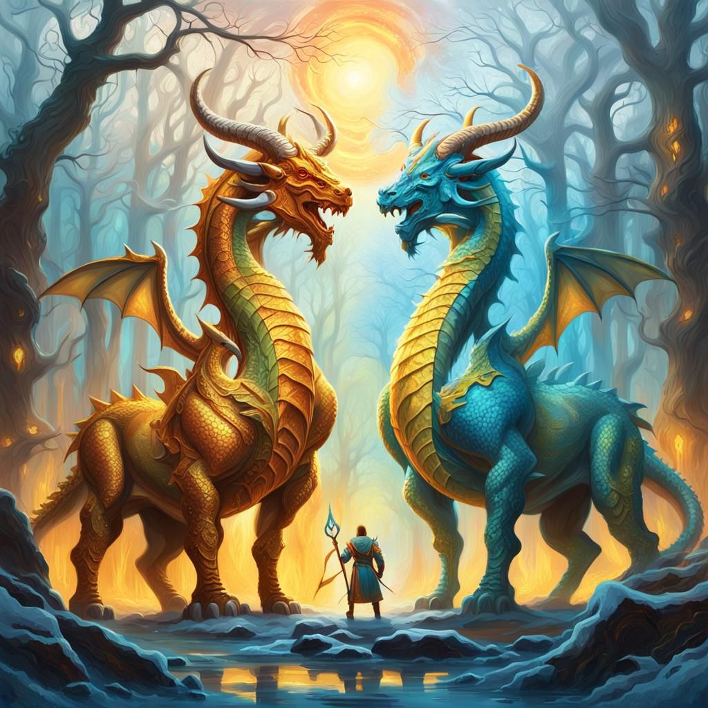 Taurus and Dragon Battle in Mystical Forest