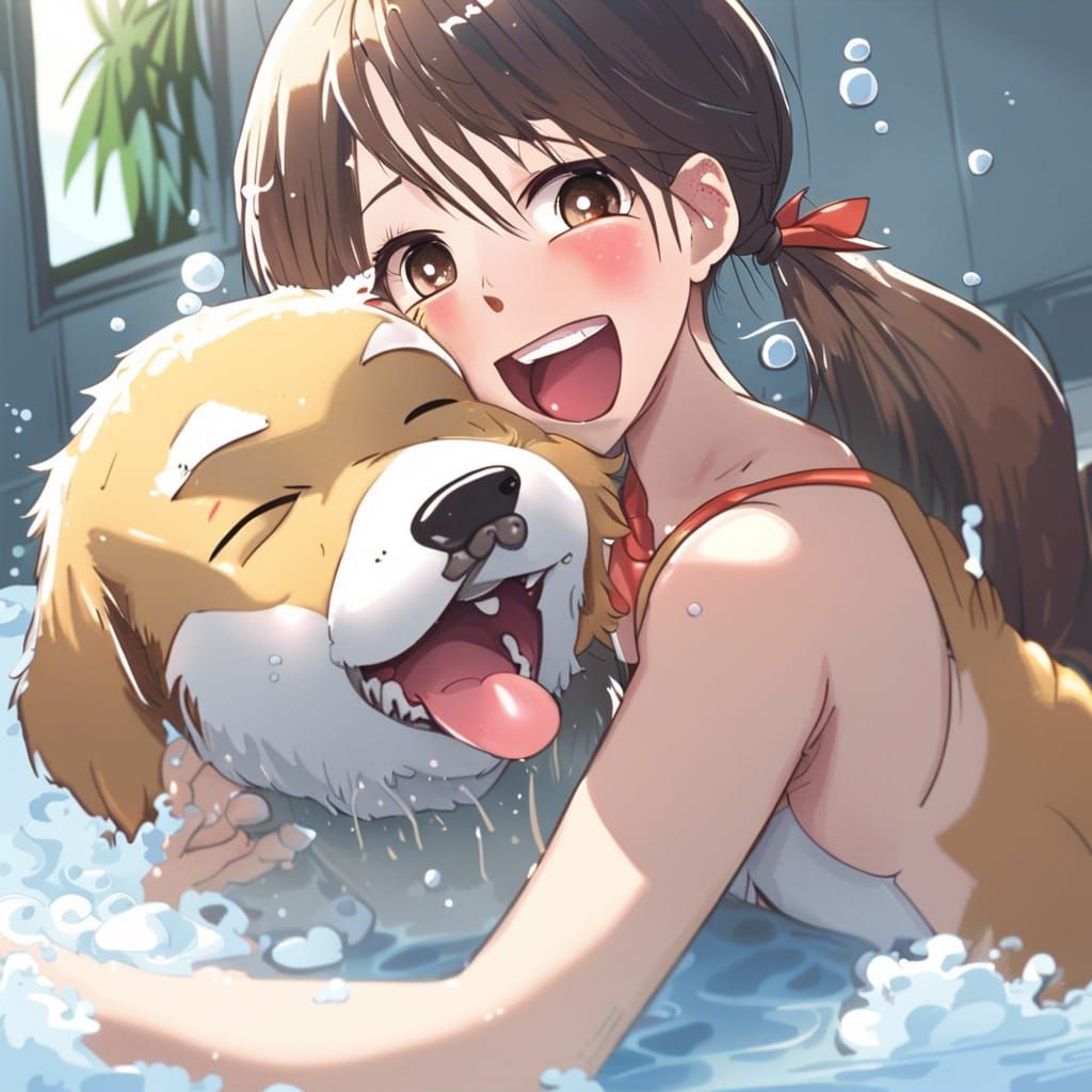 Girl Bathing Dog in Anime Style