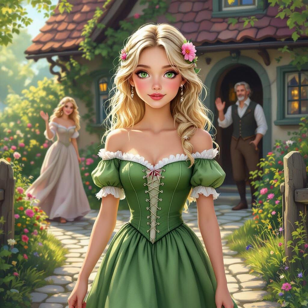 Fairytale Girl in Green Dress Walks Cottage Path