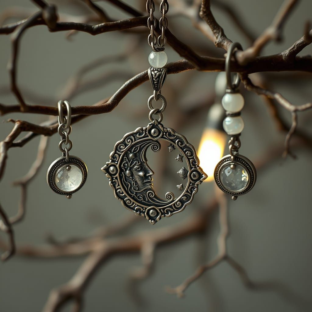 Silver-Toned Moon Pendant in Whimsical Branches