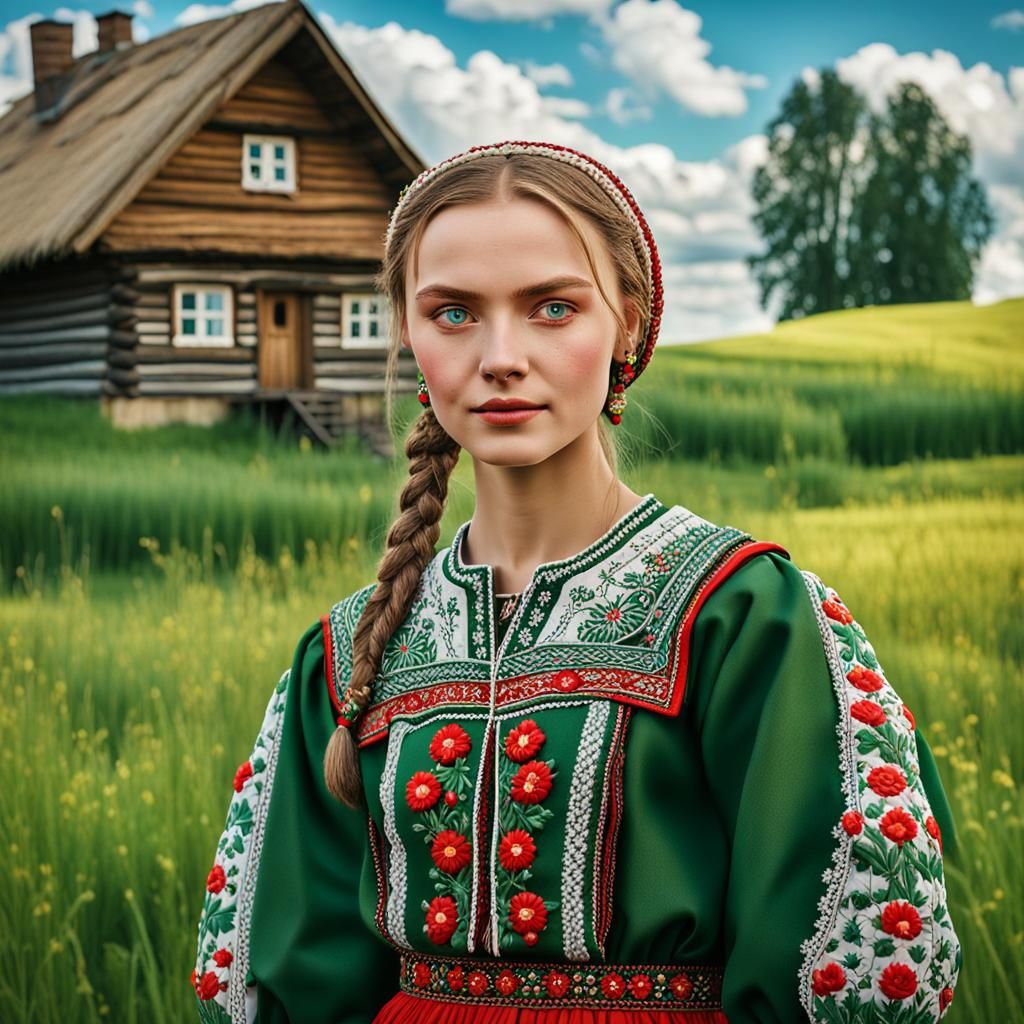 Belarusian Woman in Traditional Dress: Hyperrealistic Splash...