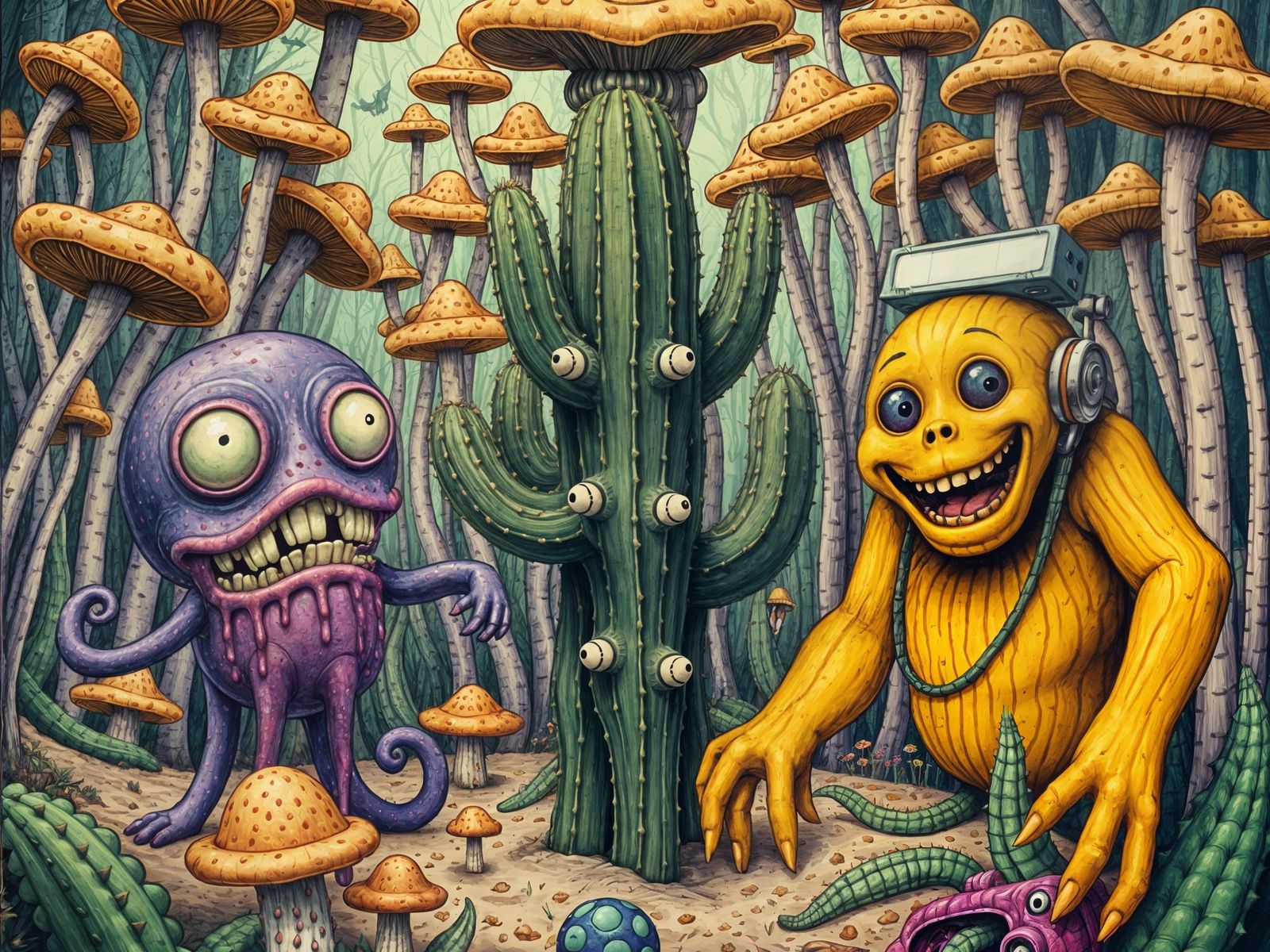 Psychedelic Monsters in Mushroom Forest