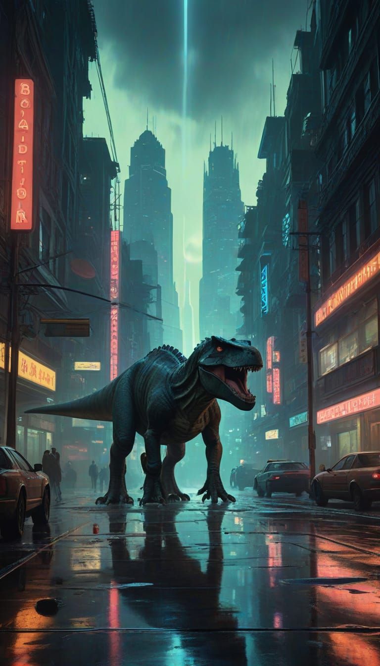 T-Rex in Cyberpunk Cityscape: Cinematic Film Still