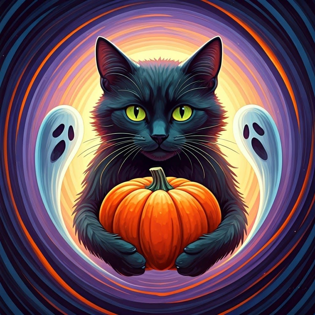Stylized Black Cat with Pumpkin in Abstract Style