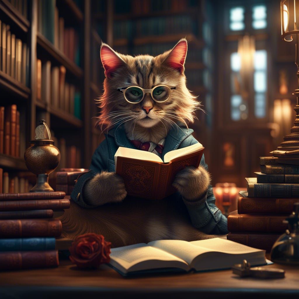 Cat Reading in the Library