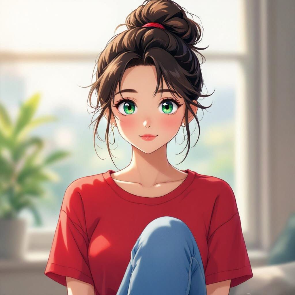 Anime Girl with Ruby Shirt and Blue Jeans in Ghibli Style