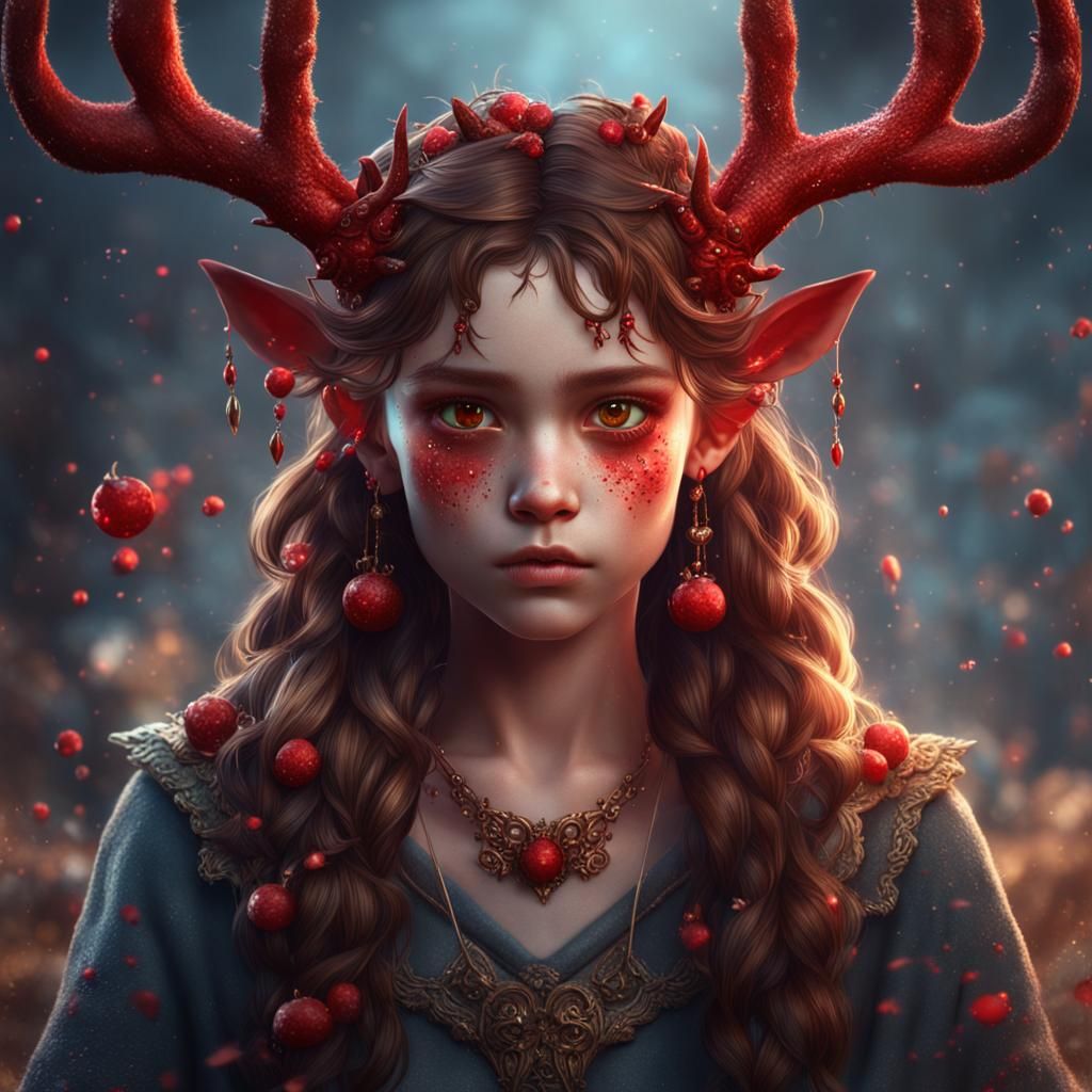 Cute Demon Girl with Red Antlers, Fantasy Art
