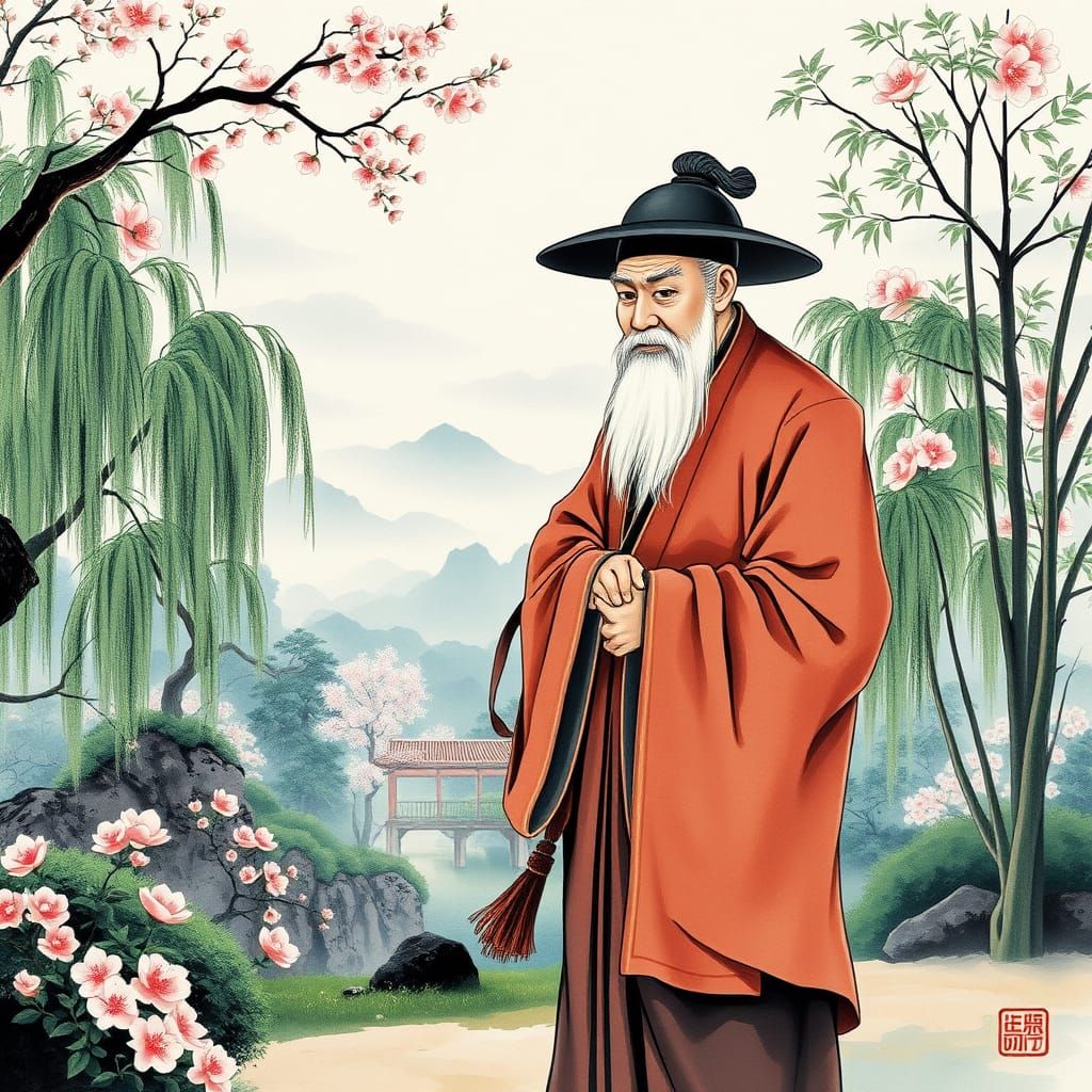 Sage Lao Tzu Strolls in Chinese Garden Landscape