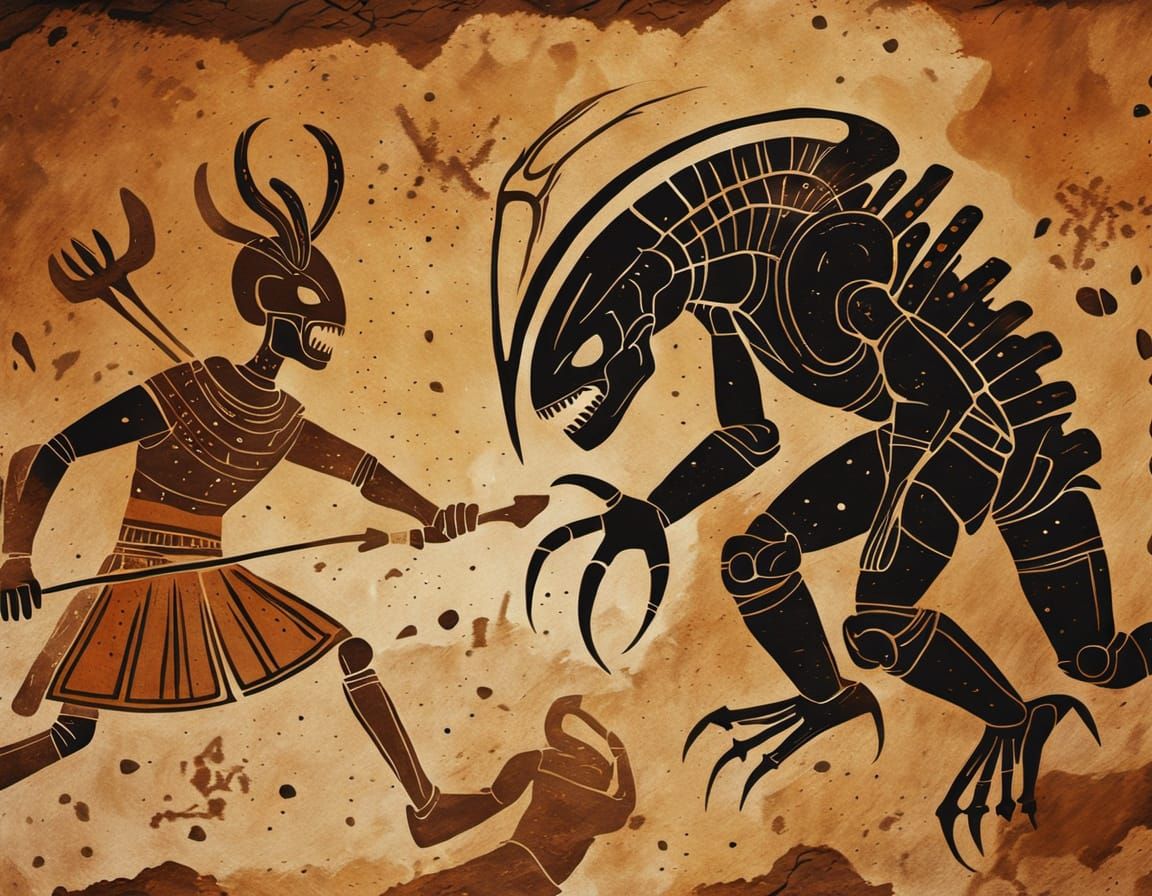 Ancient Cave Painting: Humans vs. Xenomorph