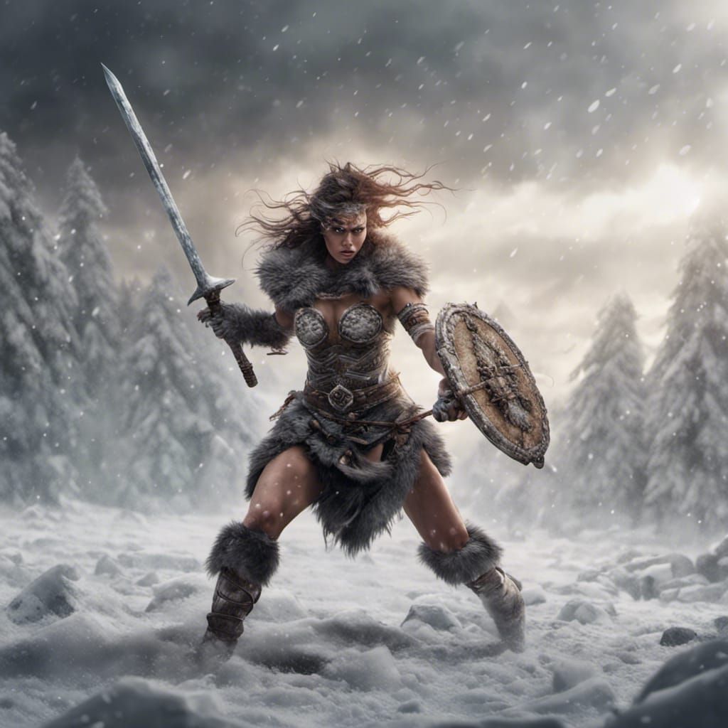 Barbarian Woman Warrior in Snowy Battlefield