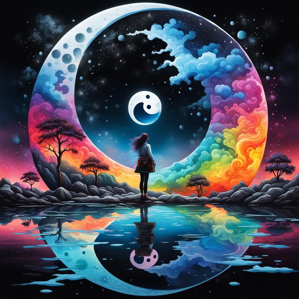 Yin-Yang Woman in Moonlit Graffiti Art