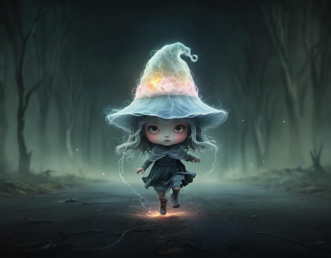 Chibi Girl's Spectral Run: Dark Surrealism in 8K