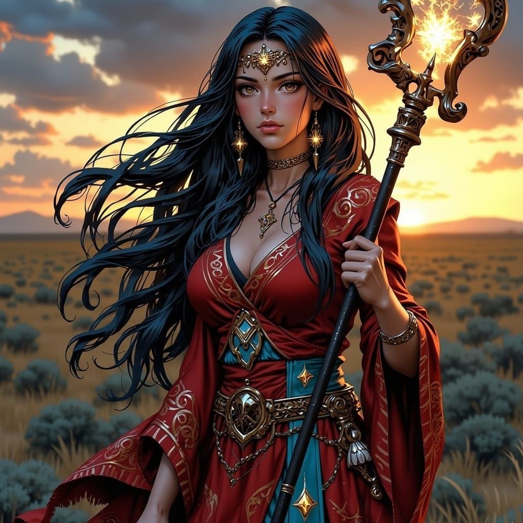 Anime Native American Woman with Ethereal Spirits