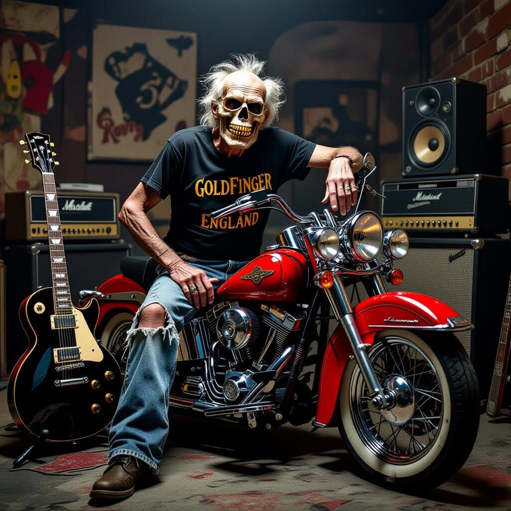 Gritty Goldfinger Portrait with Harley Davidson