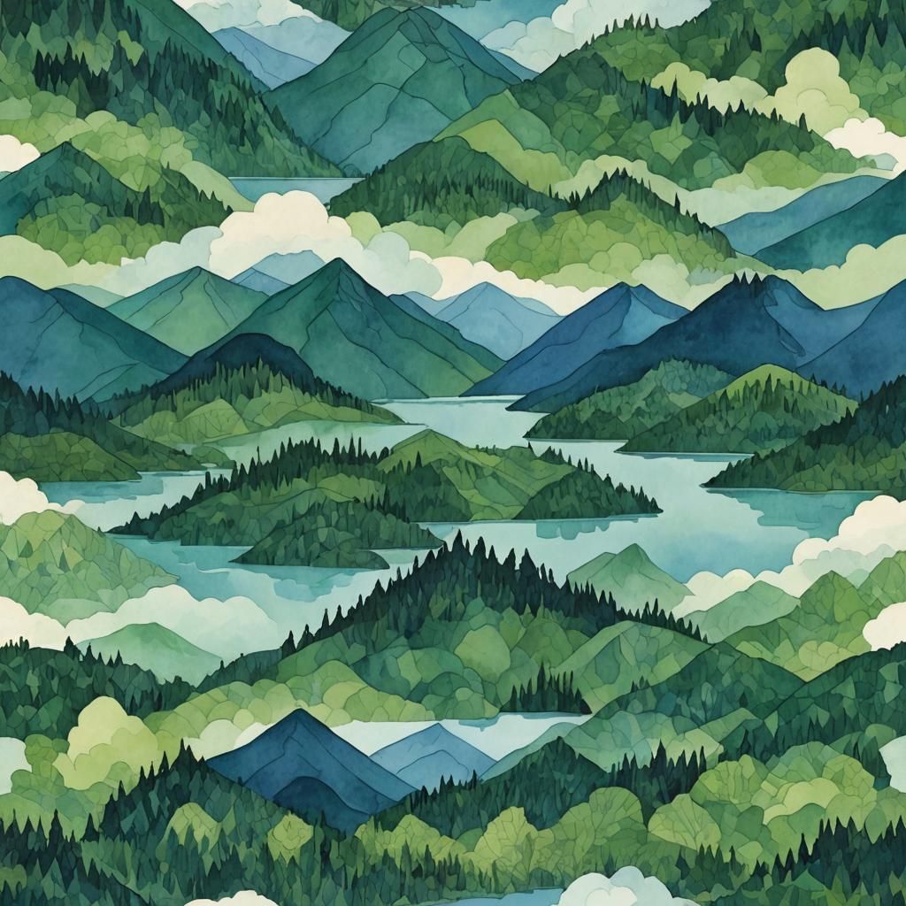 Mountains Reflected in Lake: Green and Blue Panoply