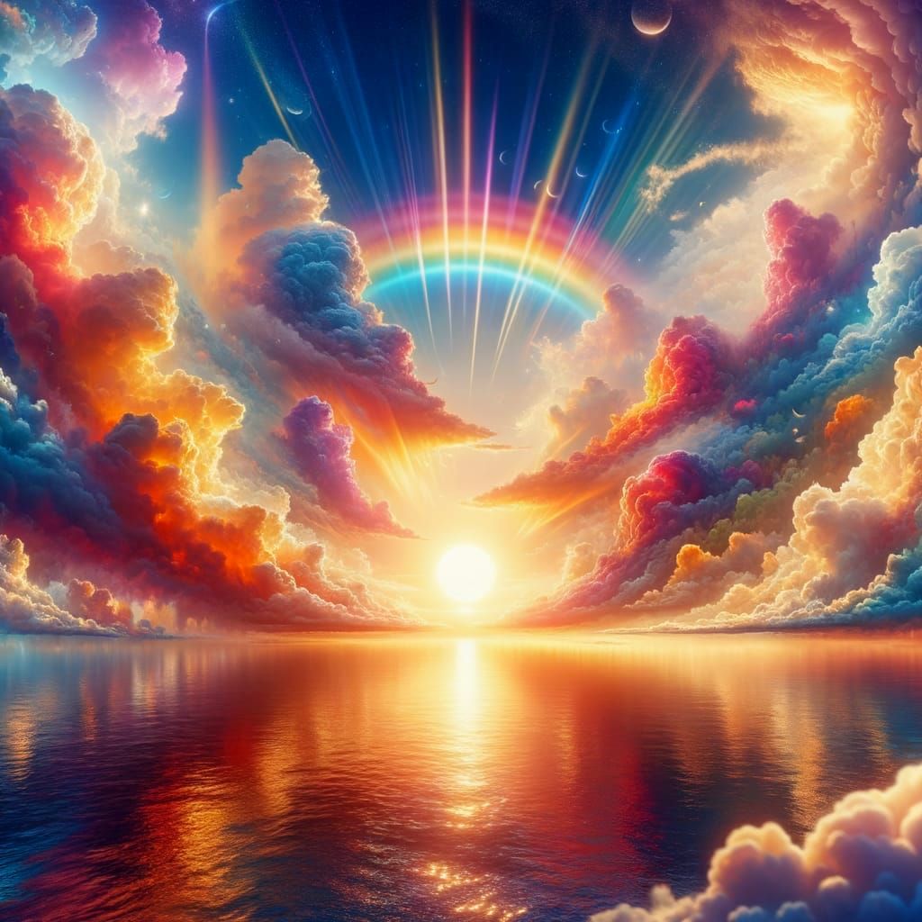 Celestial Sunrise with Majestic Sun and Vibrant Rainbows