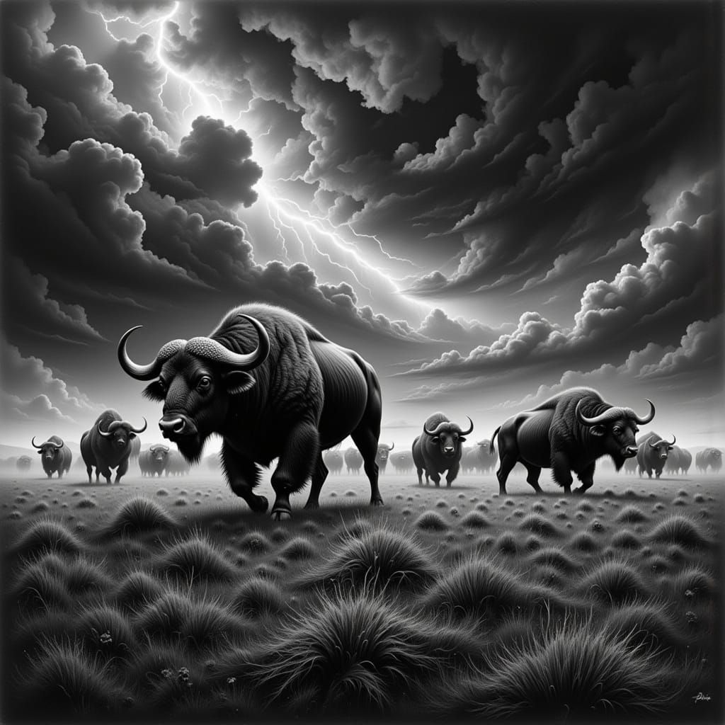 Majestic Black Buffalo Herd in a Dramatic Charcoal Storm