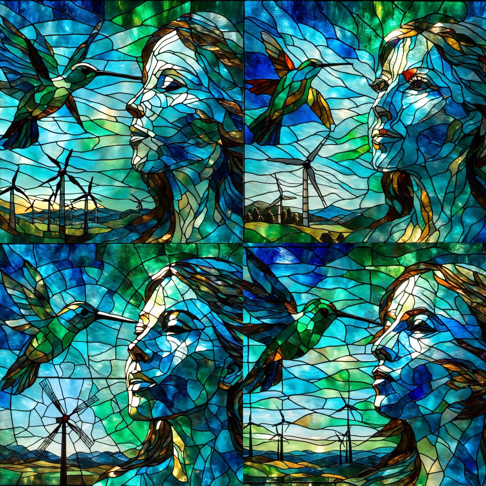 Stained Glass Portrait with Hummingbird and Windmills