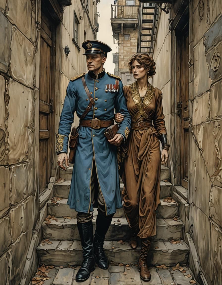 Victorian Couple in Tenement, Rackham Ink Illustration