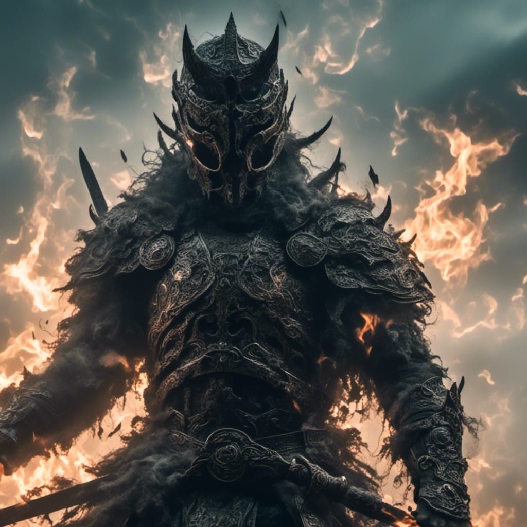 Glowing Warrior with Sword on Desolate Battlefield