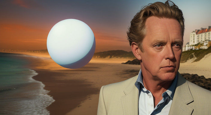 Patrick McGoohan and the Rover balloon at the beach, Portmei...