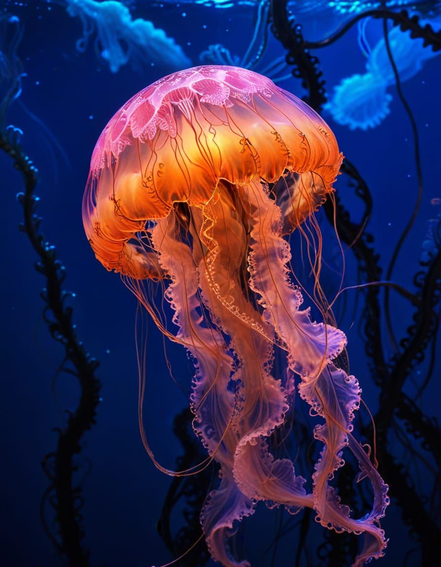 Bioluminescent Jellyfish in Hyperreal Holographic Bio Art