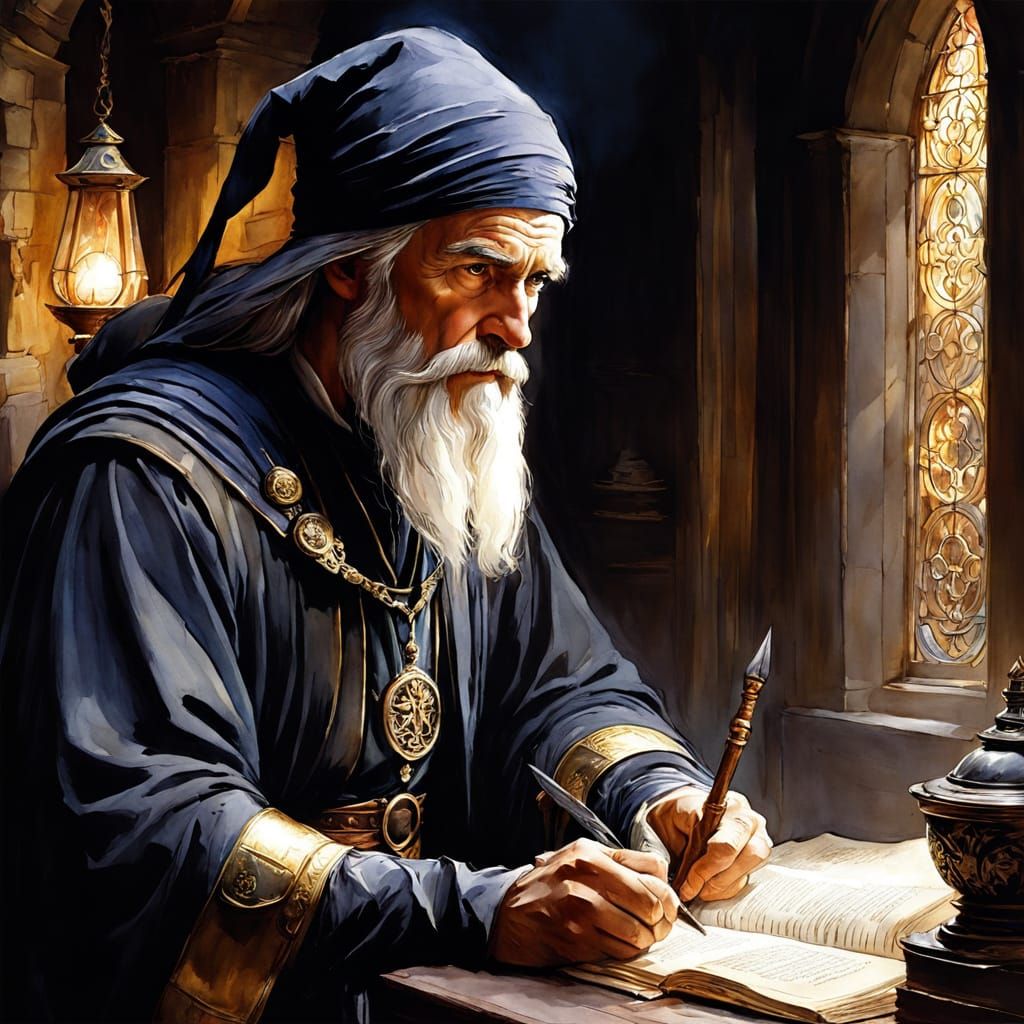 Watercolor Wizard in Chiaroscuro Style Contemplates