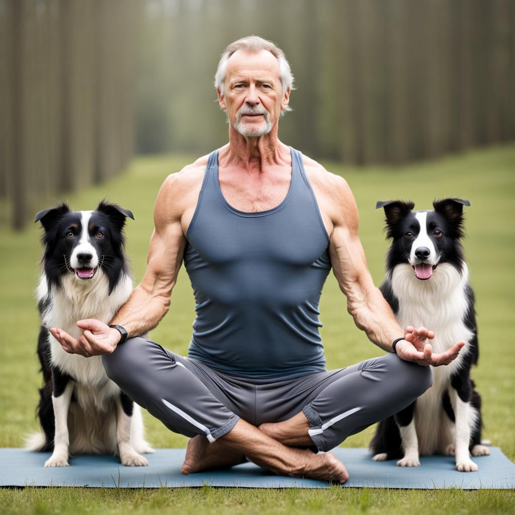 Mature Man Practicing Yoga With Border Collies