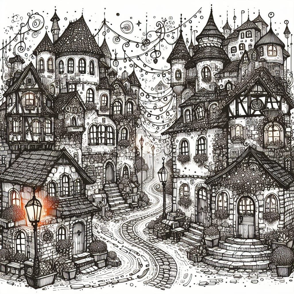 Enchanting Medieval Town Sketchy Doodle Illustration