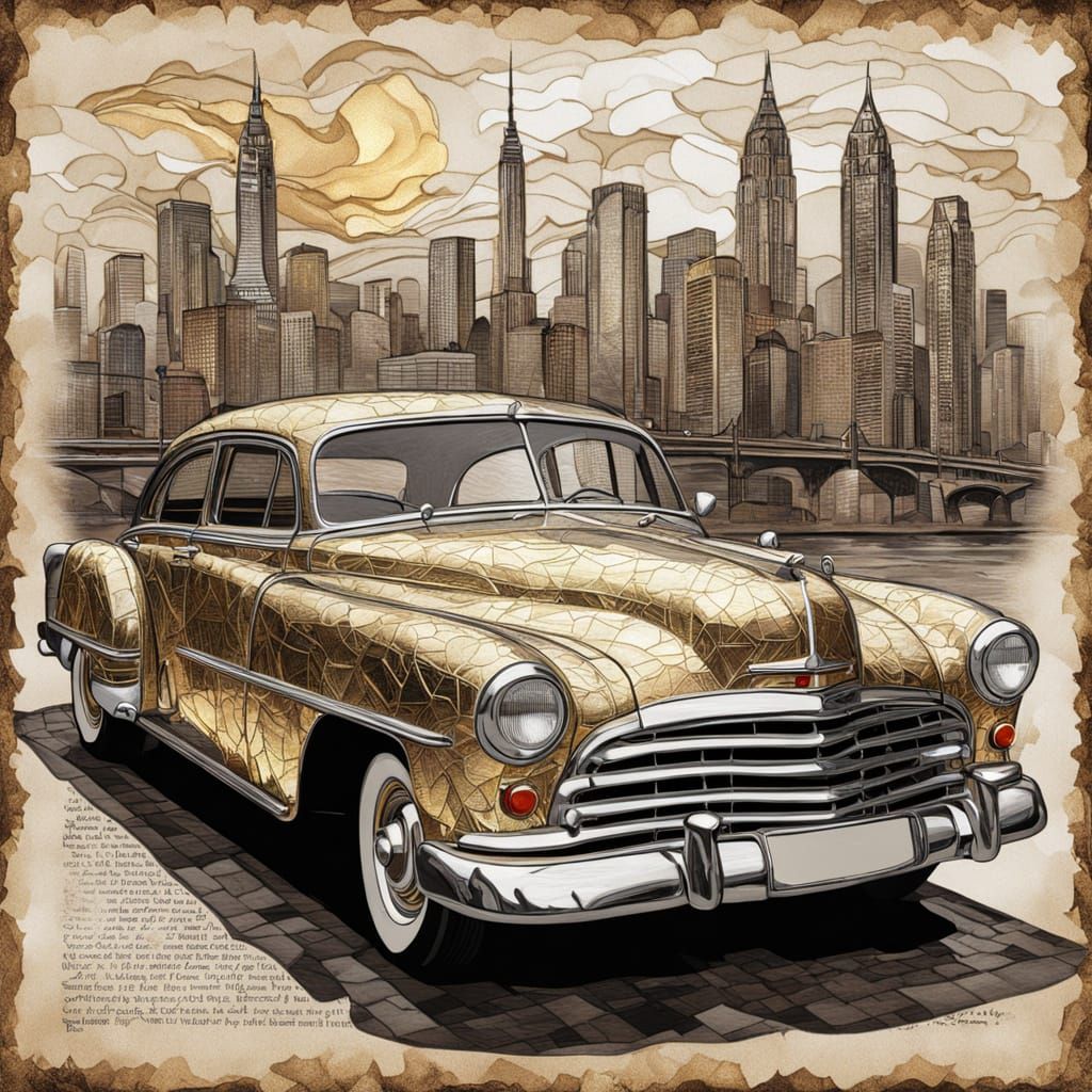 Vintage Car in Sepia-Toned Cityscape Illustration