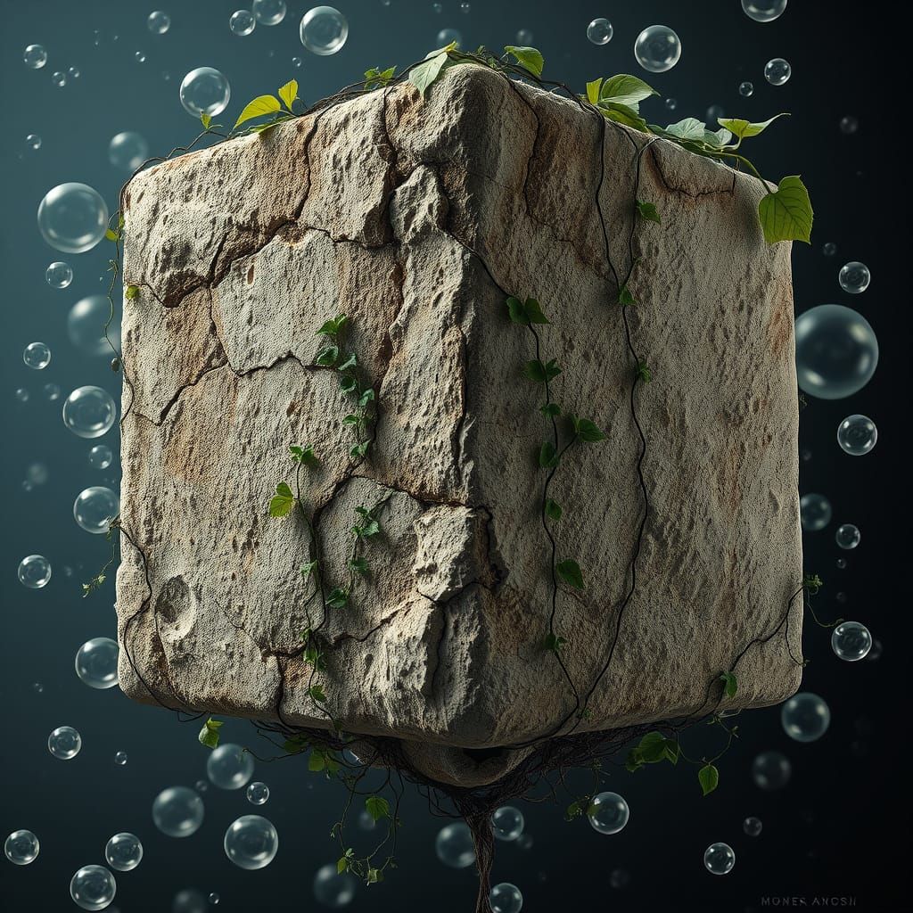 Stone Cube Adorned with Vines and Bubbles