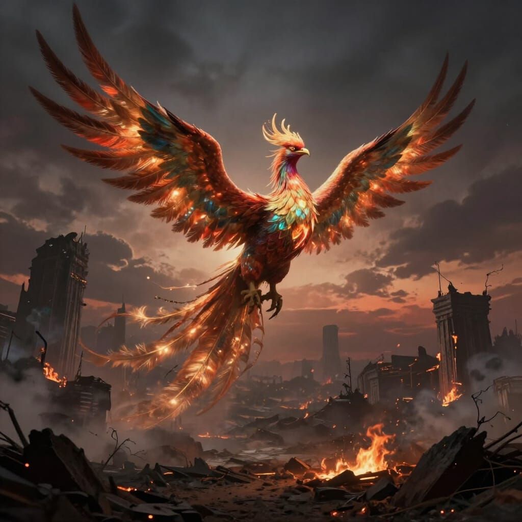 Phoenix Rises From City Ashes in Dark Fantasy Style